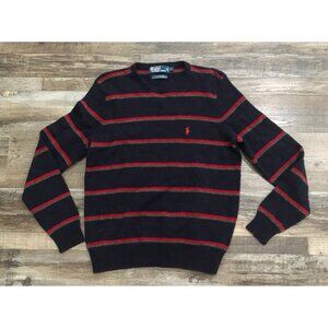 Polo Ralph Lauren Mens Small Navy Blue & Red Striped Lambs Wool Sweater